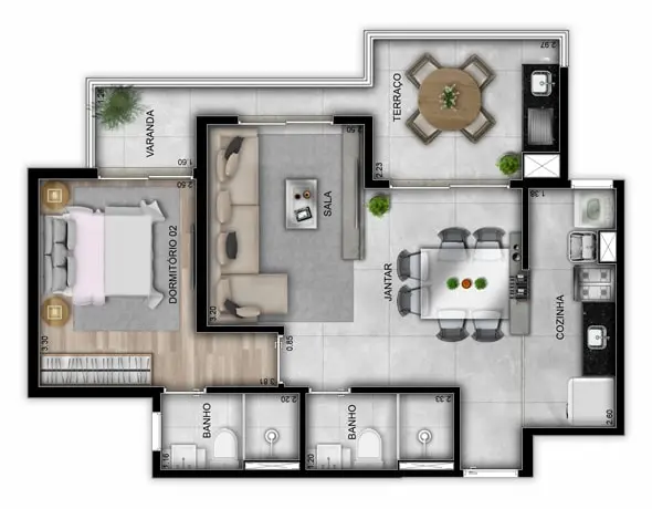 Apto 53m² 2 dorms Tipo