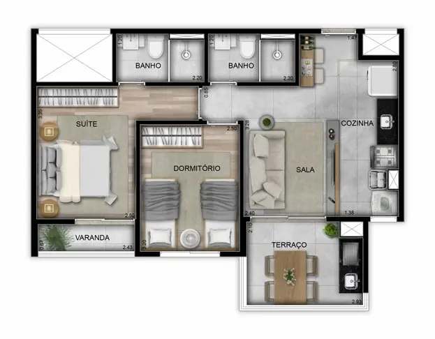 Apto 53m² 2 dorms Tipo